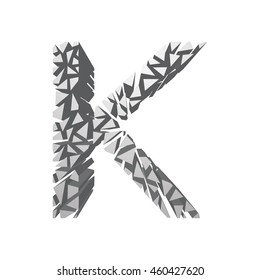 The letter K, in the alphabet broken 3d perspective set silver color isolated on white background