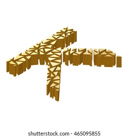 The letter K, in the alphabet broken 3d perspective isometric set gold color isolated on white background