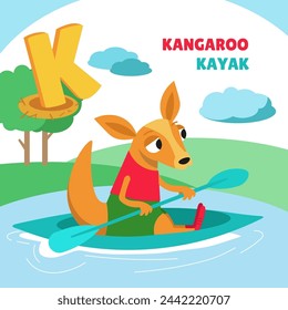 Letra K. Alfabeto, tarjeta con personajes de dibujos animados lindos. Canguro y kayak. ABC. Educación para los niños. Actividad preescolar. Ilustración vectorial.