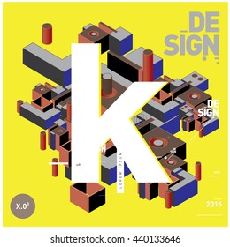 Letter K alphabet with colorful abstract isometric background illustration. Space layout and design template. Composition for poster and publication design.