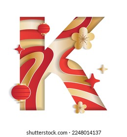 Letter K Alphabet Font Chinese New Year Concept Character Font Letter Abstract Paper Flower Lantern Lunar Festival Element Sparkle Gradient Red Gold 3D Paper Layer Cutout Card Vector Illustration