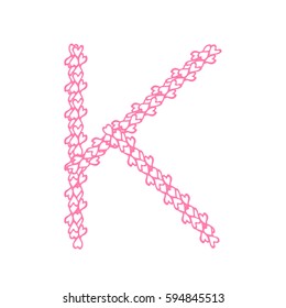 The letter K, in the alphabet Heart flower petals illustration set flat design pink color isolated on white background, vector eps10