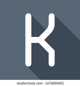 Letter K of alphabet, isolated outline symbol. White flat icon with long shadow on blue background