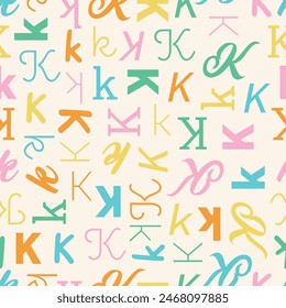 Letter K Alphabet seamless pattern playful decorative repeat backdrop background colorful decoration wrapping paper initial baby