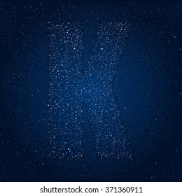 Letter K alphabet with shiny stars, glitters, dots, points on the dark blue night sky. Letters for party, birthday, anniversary or festive. Shining font, type, typeset of sparkles. Vector template.