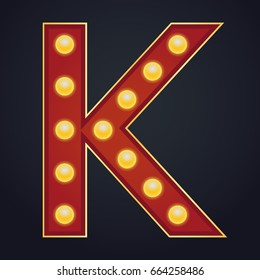 Letter K alphabet sign marquee light bulb vintage carnival or circus style ,Vector illustration