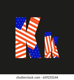 Letter K with american flag, isolated on black background.Vector illustration