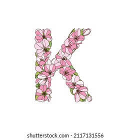 Letra K de flores de manzano. Alfabeto vectorial
