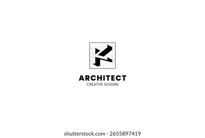 Letter K Architect Logo mit isometrischer Ansicht unten links und technischem Skizzenstil