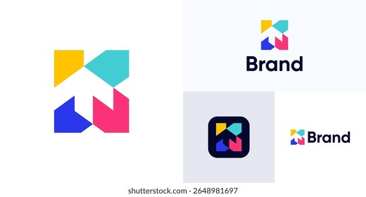 Letter K with arrow in negative space and geometric shapes vibrant colorful, Logo icon design vector illustration, Modern abstract initial with arrows up usable for growth, brand identity and business