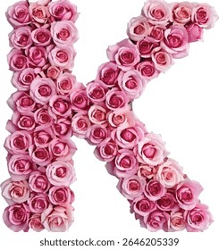 The letter "K" is artistically constructed using numerous light pink roses, creating a visually appealing and unique floral design, ideal for various creative projects and romantic themes.