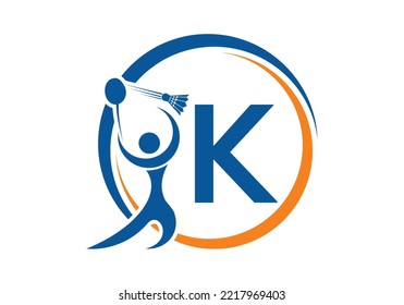 Letter K Badminton Logo Concept With Moving Badminton Icon. Badminton Sports Logotype Symbol Vector Template.