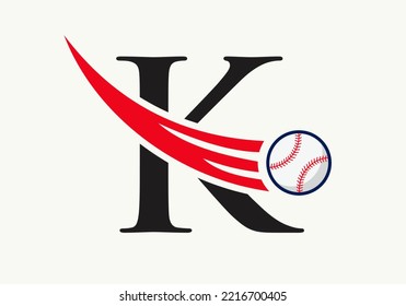 Letter K Baseball Logo Concept With Moving Baseball Icon Vector Template