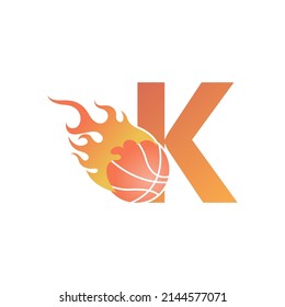 Letter K with basketball ball on fire illustration vector