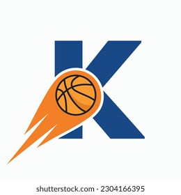 Letter K Basketball Logo Concept With Moving Basketball Icon. Basket Ball Logotype Symbol