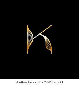 letter K, beautiful elegant golden alphabet striped font, classic lettering perfect for wedding invitations or fashion or logo design, vector illustration 10EPS