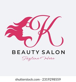 Letter K Beauty Salon Logo Design, Beautiful Woman Face Hair Care Icon