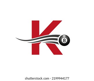 Letter K Billiards or Pool Game Logo Design For Billiard Room or 8 Ball Pool Club Symbol Vector Template