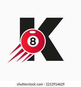 Letter K Billiards or Pool Logo Design For Billiard Room or 8 Ball Pool Club Symbol Vector Template