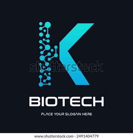 Letter K biotechnology vector logo template. This logo use molecule symbol. Suitable for biology and chemistry.