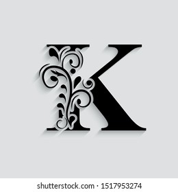 letter K. Black flower alphabet.  Beautiful capital letters.