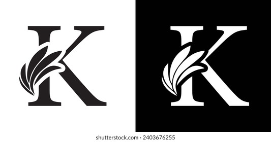 letra K en blanco y negro. letras de flores. Alfabeto inicial de adorno de época. vector de logotipo 
