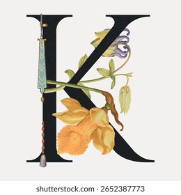 Letter K botanical calligraphic art alphabet, vector element. Creative font and typography letter, isolated vector. Vintage floral font.