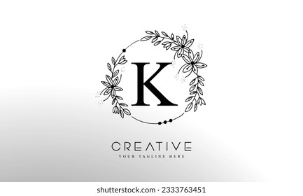 Letter K Botanical Flowers . Initial Wedding Monogram Font Logo. Circle Floral Logo