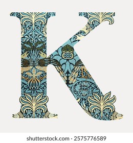 Letter K botanical pattern font, inspired by William Morris illustration isolated on white, vector. Vintage illustration. Vintage font artwork element by William Morris, old art illustration vector.