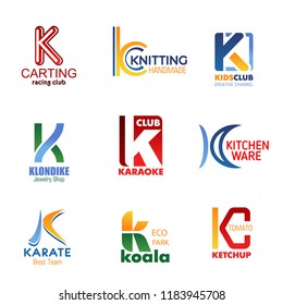 Letter K For Brand Identity Design In Carting Or Car Racing Sport Club, Handmade Knitting Salon And Kids TV Channel. Vector K Symbol For Jewelry Shop, Karaoke Bar Or Kitchenware Shop And Karate Team