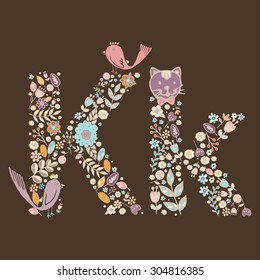 The letter K. Bright floral element of colorful alphabet Cute Animal, flowers, and twigs. floral ABC element in vector
