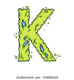 The letter K. Bright green element stylish alphabet style zombies. Halloween ABC grimy element in the vector. Hand drawn letter K isolated on white background.
