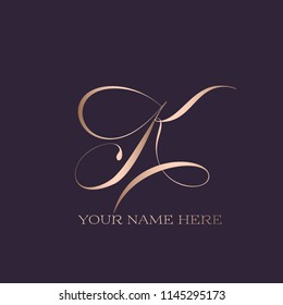 Letter K in a calligraphic, elegant and luxury style.Shiny metallic rose gold 'k' initial.Decorative lettering vector logo.