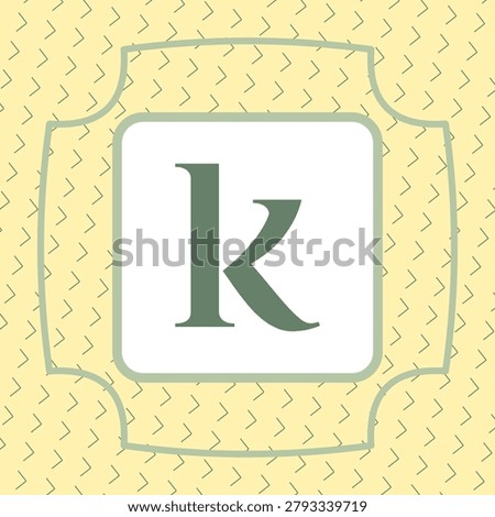 LETTER K character design with soft lemon neutral background, decorative banner ribbon, and corner hollow frame mask
