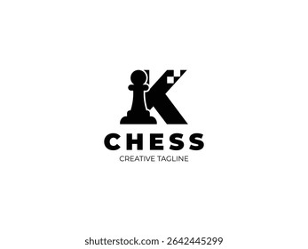 Letter K chess logo design with pawn and chess board