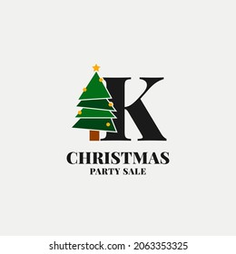 letter K with christmas tree decoration for celebrating december sale or party initial icon