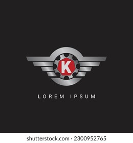 letter K with circle initial shield with wings logo design
