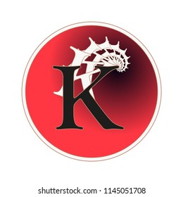 letter K circular label with fractal spiral tail pattern in red and white