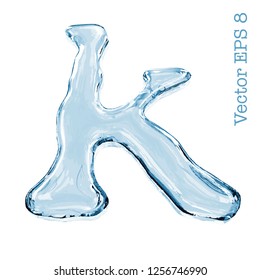 Letter k from clear transparent bluish water droplets. Isolated on white background. Vector EPS 8.