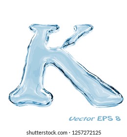 Letter K from clear transparent bluish water droplets. IIsolated on white background. Vector EPS 8.