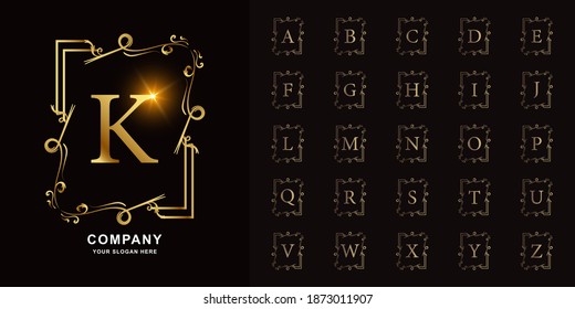 Letra K o colección alfabeto inicial con una plantilla de logotipo dorado de marco floral de lujo.