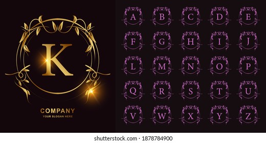 Letter K or collection initial alphabet with luxury ornament floral frame golden logo template.