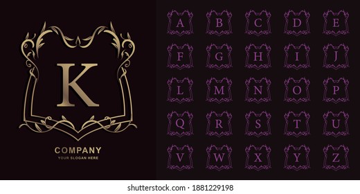 Letter K or collection initial alphabet with luxury ornament floral frame golden logo template.