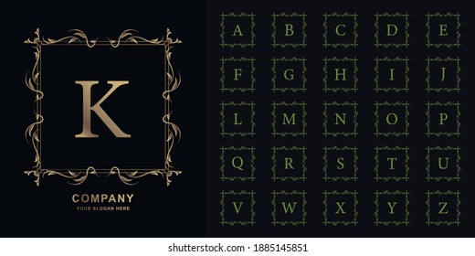 Letra K o colección alfabeto inicial con una plantilla de logotipo dorado de marco floral de lujo.