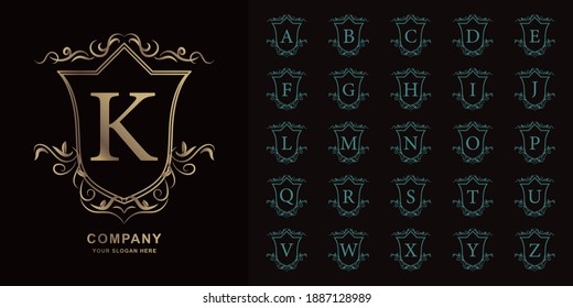 Letter K or collection initial alphabet with luxury ornament floral frame golden logo template.