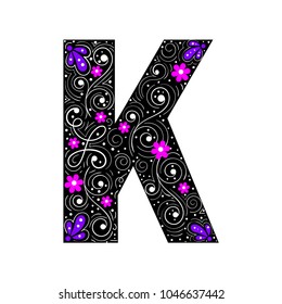 
The letter K. Colorful floral alphabet. Elegant patterns on the background of a black letter.