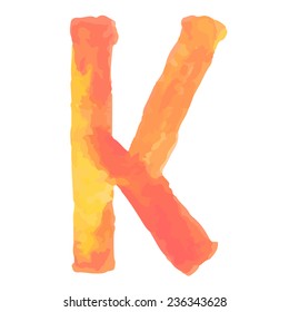 Letter  K Colorful watercolor aquarelle font type handwritten hand draw doodle abc alphabet letters Vector illustration.