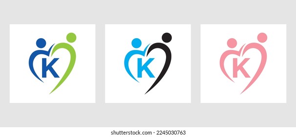 Letter K Community Logo Template. Teamwork, Heart, People, Family Care, Love Logo. Charity Donation Foundation Sign