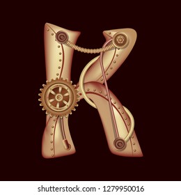 Letter K from the complete set of characters of the font. Symbol of the Latin alphabet and English language. Copper and brass fantasy mechanical steampunk construction with tubes, gears and rivets.