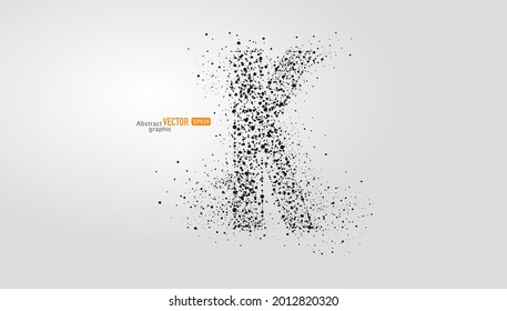 The letter K is composed of particles on gray background. Abstract vector font material.